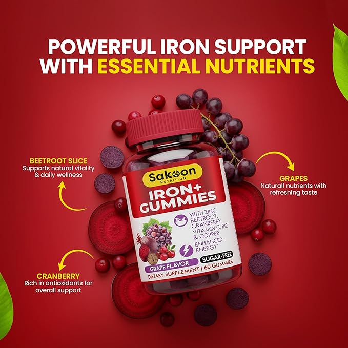Sakoon Nutrition Iron Gummies for Women & Men | 60 Count Sugar Free Grape Flavour Vegan Iron Gummies with Vitamin C, B12 & Zinc | Support for Bones Strength, Energy & Blood Health | 2Count Per Serving