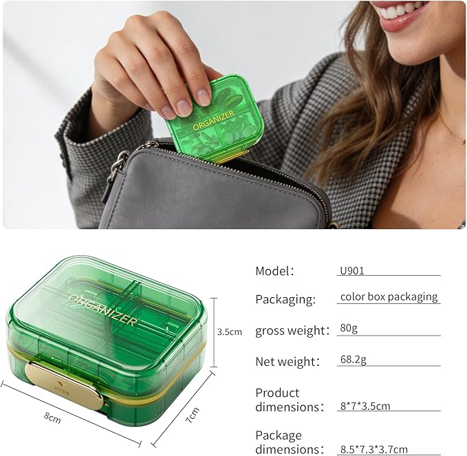 Travel Pill Organizer, Waterproof Weekly Pill Box 7 Day, Portable Container for Purse Pocket, Removable Compartments Daily Supplements Case, Airtight Storage for Outdoor (Green)