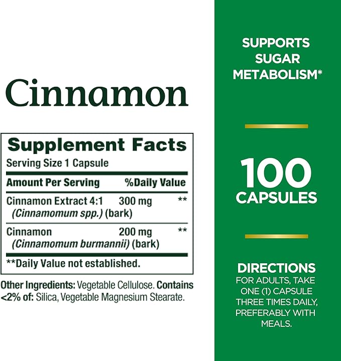 Nature's Bounty Cinnamon Capsules, Herbal Supplement, Supports Sugar Metabolism, 1500mg, 100 Capsules (Pack of 2)