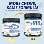 ZEBORA Salmon Oil for Dogs, Omega 3 Fish Oil for Dogs Skin and Coat with EPA & DHA, Zinc, Biotin, Quercetin, Vitamin C & E for Dog Allergy Relief, Hot Spot Treatment, Control Dog Shedding, 180 Chews
