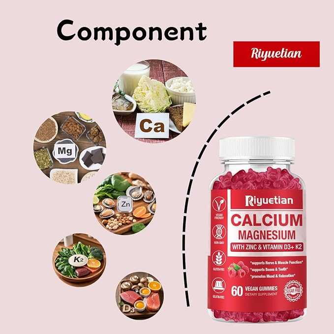 Calcium Gummies + Magnesium & Zinc with Vitamin D3 & K2, High Absorption Calcium Supplement for Bone, Teeth & Immune Support, Non GMO, Vegan, 60 Count