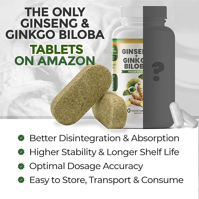 GreeNatr Ginko Biloba & Panax Ginseng Supplement - Red Ginseng Brain Supplement for Memory and Focus - Ginkgo Biloba Supplements for Good Vision, Immune System and Improved Blood Flow - 3 Bottles