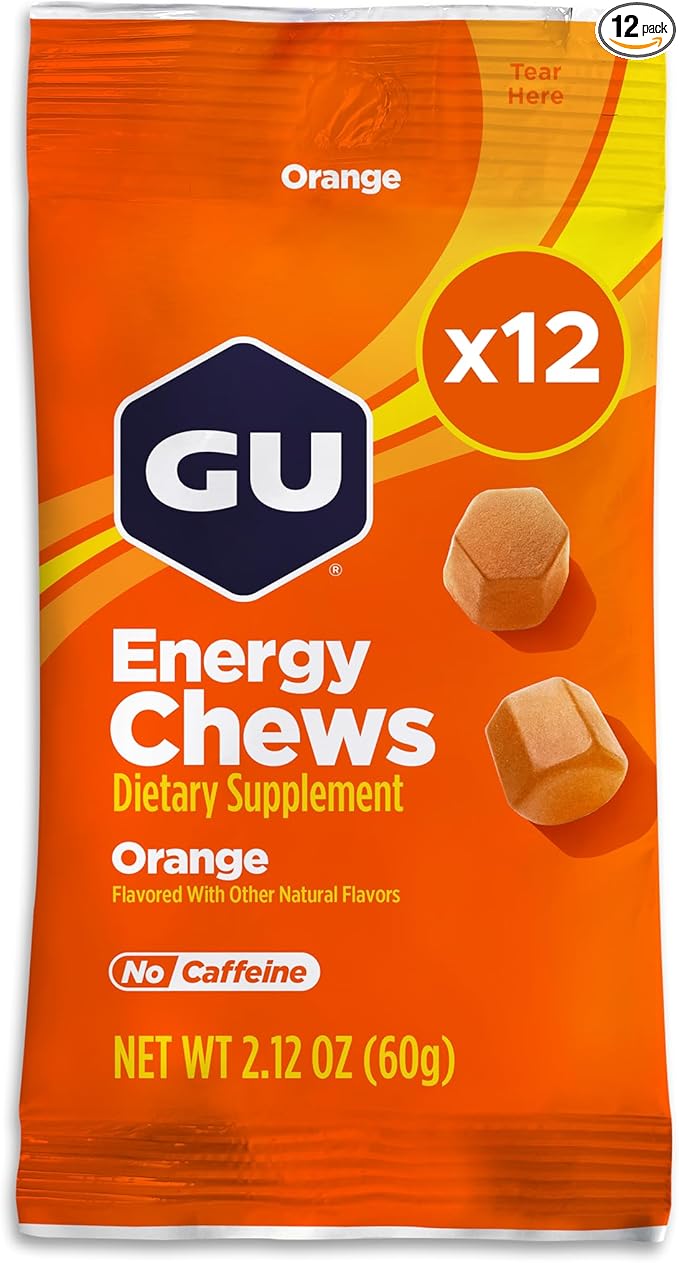 GU Energy Chews, Orange Energy Gummies with Electrolytes, Vegan, Gluten-Free, Kosher, Caffeine-Free, and Dairy-Free On-The-Go Energy for Any Workout, 12 Bags (24 Servings Total)