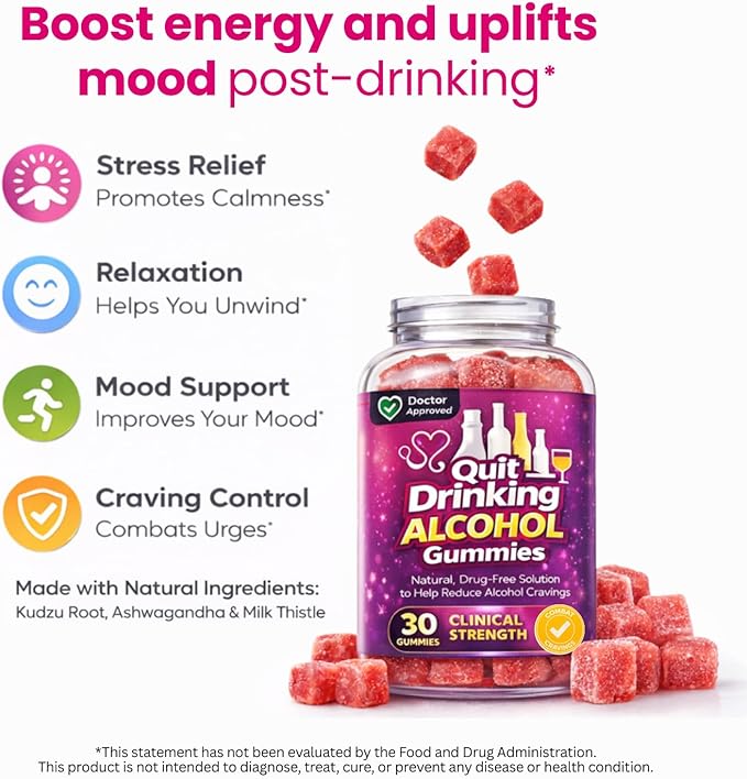 Liver Health, Stop Drinking Alcohol, 100% Drug-Free, Natural, Works Fast, Support Gummies to Help Less Cravings, Suppress Triggers, Before, During & After Quitting