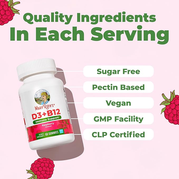 MARYRUTH'S Vitamin D3 + B12 Gummies for Ages 4+ | Sugar Free | Bone Health | Immune Support | Energy Metabolism | Cognitive Function | Vegan | Non-GMO | Gluten Free | 60 Servings | 2 Month Supply