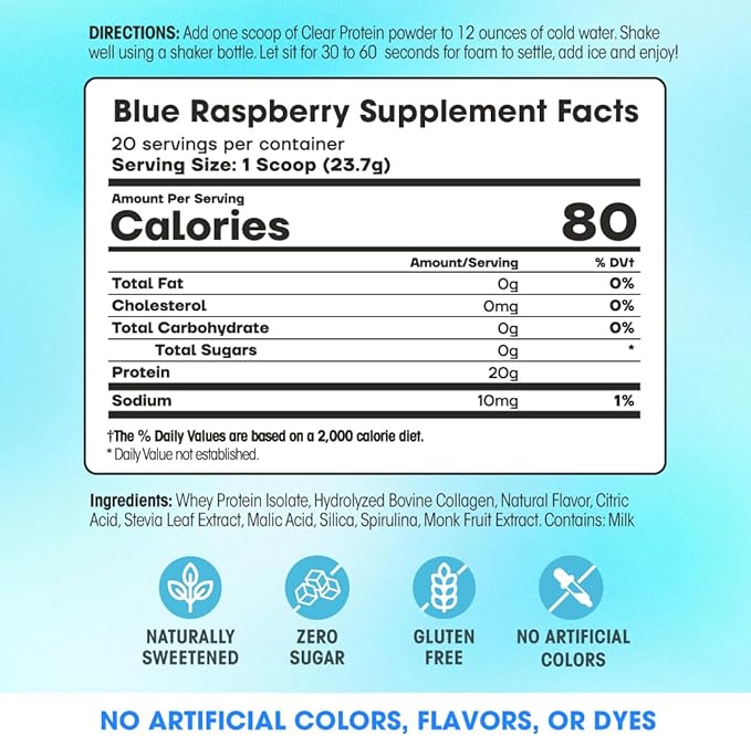 Fit & Lean Clear Protein Powder with Whey Isolate Protein and Collagen, Grass Fed, Muscle Recovery, Skin, Joints, GLP-1 Support, 0g Sugar, Blue Raspberry, 20 Servings