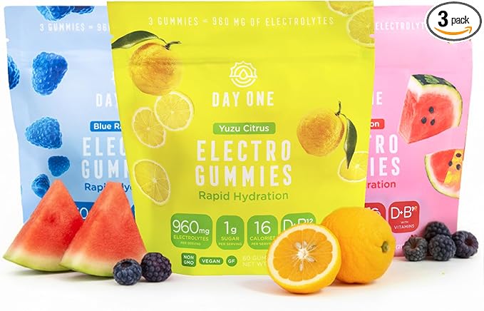 Day One Electrogummies Sour Pack - Citrus, Blue Raspberry & Watermelon Electrolyte Gummies for Runner, Athlete - Hydration Gummies with Electrolytes - Alternative to Powders, Tablets 180 Count