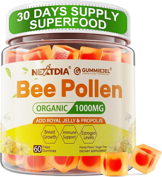 Nextdia Bee Pollen Organic 1000mg, w/Propolis, Royal Jelly, Sugar Free Bee Pollen Gummies Rich in B-Vitamin, Antioxidants, Amino Acids, Bee Pollen Supplement for Energy, Skin & Immune (1 Pack)