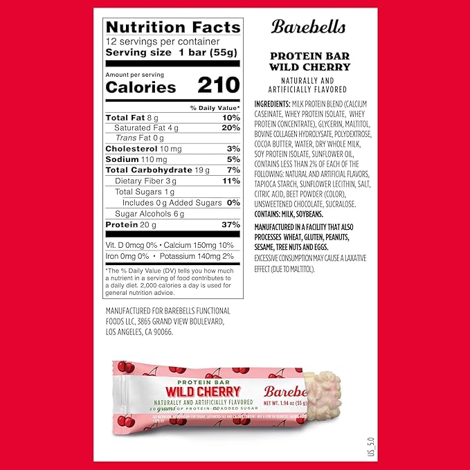Barebells Protein Bars Wild Cherry - 12 Count, Pack of 2 - 1.9oz Bars - Protein Snacks with 20g of High Protein - White Chocolate Protein Bar with 1g of Total Sugars - On The Go Protein Snack & Breakfast Bars