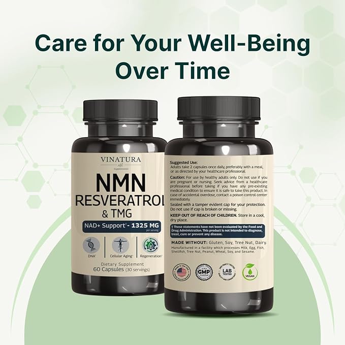 VINATURA NMN Complex Supplement 1325MG - NMN 1000mg with Resveratrol and TMG, Support NAD+, 60 Capsules