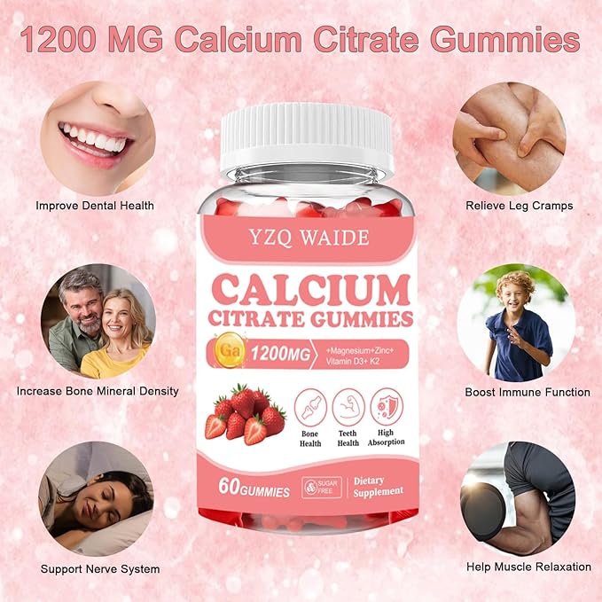 Calcium Citrate Gummies 1200mg with Vitamin D3 + K2, Magnesium, Zinc, Chewable Calcium Supplement for Women & Men, Bone Healthy, Sugar Free, Non-GMO, Gluten Free, Strawberry Flavor 60 Count