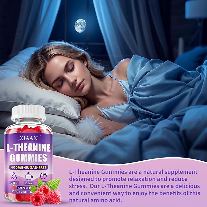 L-Theanine Gummies for Kids & Adults, L'Theanine 400mg Chewable L Theanine Supplement for Calm, Zzz & Relaxation Support, Vegan, Organic, Raspberry Flavor, 60 Counts