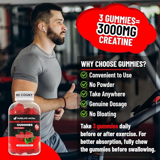 Creatine Monohydrate Gummies - 3g Serving, Sugar Free, 90 Count, Non-GMO, Designed for Men & Women, Gluten Free, Non Bloating - Vegan, Halal, Kosher. (90 Units, Strawberry)