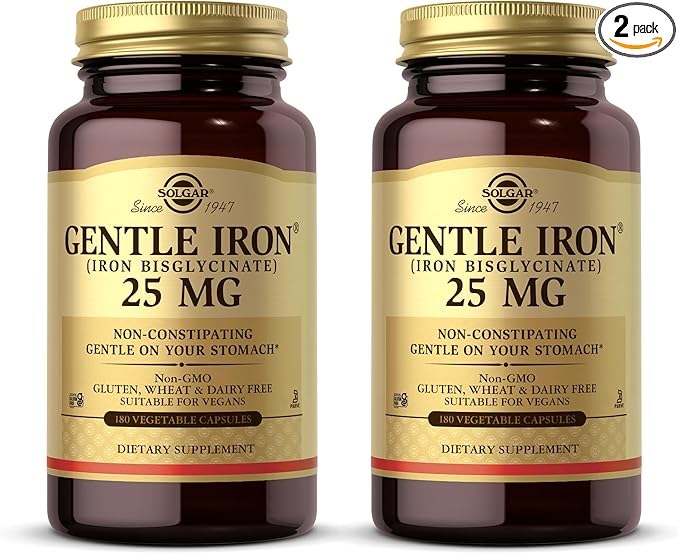 Solgar - Gentle Iron 25 mg Vegetable Capsules 180 Count 2 Pack Easy on Stomach, Promote Red Blood Cell Production.