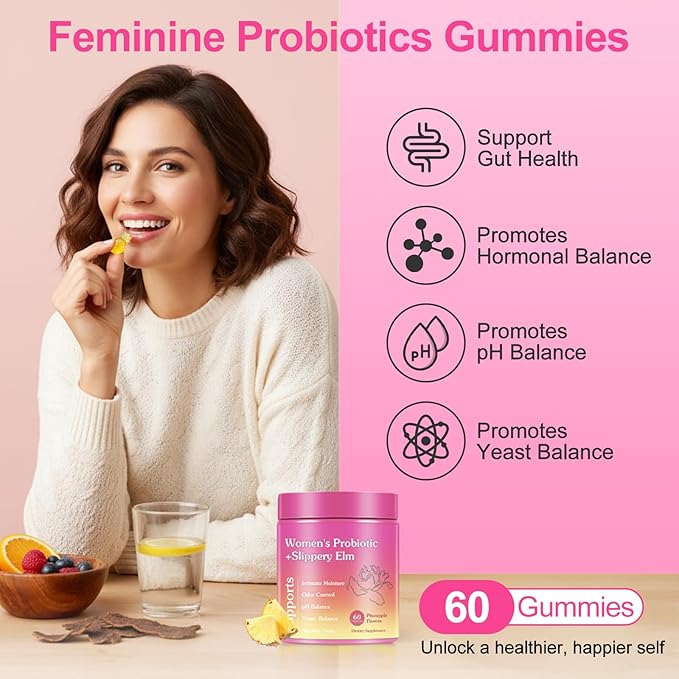 Her Juicy Feminine Probiotic Gummies for Women, Women Probiotic Slippery Elm Gummies, Tropical Pineapple Flavor, Supports pH Balance, Vegan, Gluten Free| 60 Count