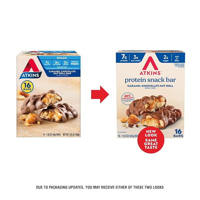 Atkins Caramel Chocolate Nut Roll Snack Bar, Protein Snack , 7g Protein, 2g Sugar, High Fiber Snack, 16 Count