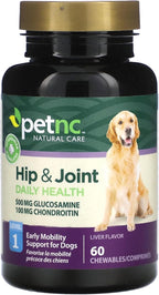 Petnc Level-1 Hip & Joint Health Supplement for Young Dogs (60 Count), 500mg Glucosamine, 100mg Chondroitin, 10mg MSM, & 1mg Hyaluronic Acid, Includes Vitamin C & Manganese, Liver Flavor