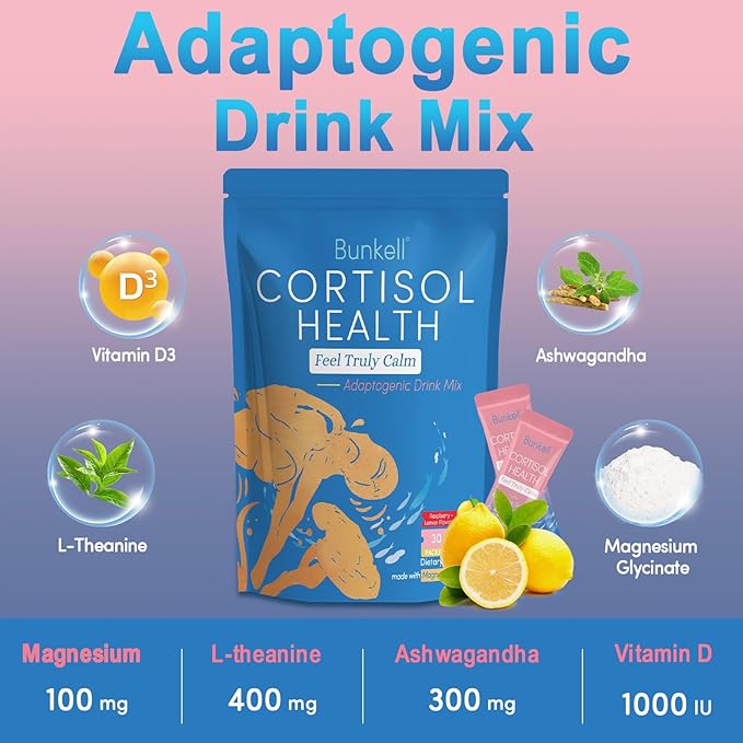Cortisol Powdered Drink Mix, Made with Magnesium Glycinate, L-Theanine, Ashwagandha & Vitamin D3, Cortisol Supplements for Relaxation, Focus & Calm Support, Raspberry Lemonade Flavor, 30 Ct