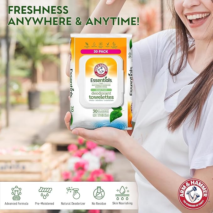 Arm and Hammer 3 Pack Face and Body Wipes for Adults - Deodorant Towelettes 90 Sheets for Women - Shower Wipes for Traveling, Camping, Gym, and Bathing - Alcohol-Free Face Sheets (Simply Fresh)