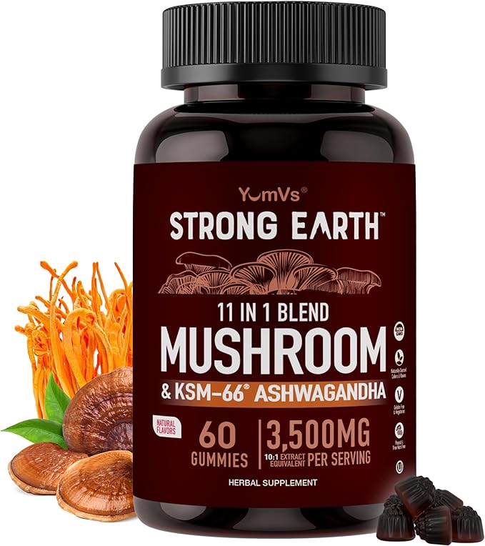 Mushroom Gummies with Ashwagandha - 350mg 10-in-1 Mushroom Blend - Lions Mane, Cordyceps, Reishi, Chaga, Turkey Tail, Maitake, Shiitake - Gelatin Free, Vegetarian - 60 Count (2 Per Serving)