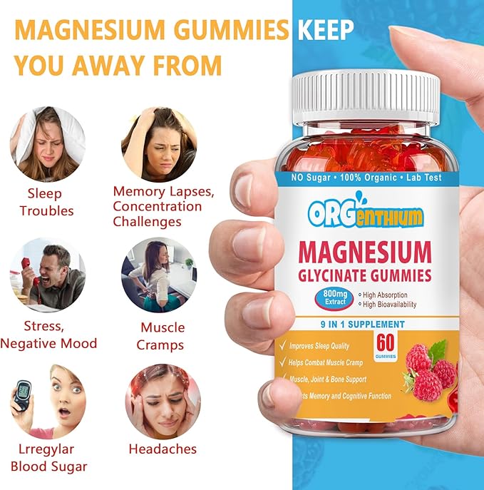 Magnesium Glycinate Gummies 500mg with L-Threonate, Vitamin D, B6, Potassium & CoQ10 | Sugar-Free Complex Formula for Enhanced Sleep Quality | Raspberry Flavor | 60 Count