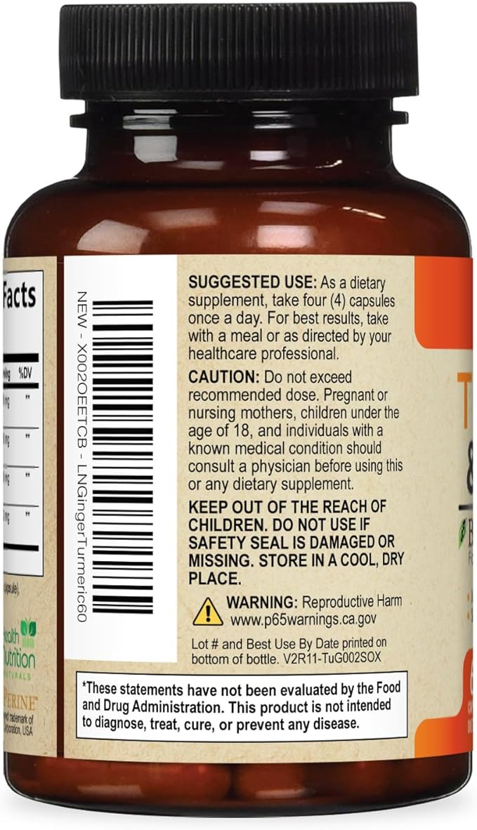 Turmeric Curcumin Supplement - 2000mg Organic Turmeric & 400mg Organic Ginger per Serving - 95% Curcuminoids & BioPerine Black Pepper for Best Absorption & Joint Support, Bottled in USA - 60 Capsules