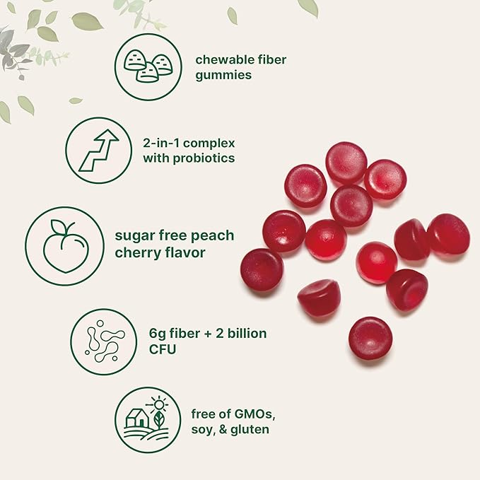Micro Ingredients Fiber Gummies with Probiotics, 120 Count | 6g Per Serving + 2 Billion CFU | Sugar Free Peach Cherry Flavor | High Fiber Supplement for Women & Men | Non-GMO, Gluten Free