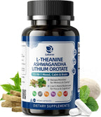 Lithium Orotate 5/10mg, L-Theanine 200mg, Ashwagandha 300mg - Mood Focus Memory Brain Supplements with Bacopa Monnieri, Lion’s Mane, Magnesium, Zinc D3 B6 Folate B12 - 120 Vegan Capsules, 2 Months