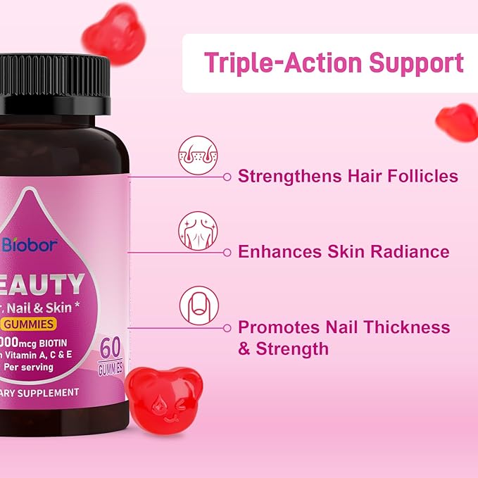Natural 6000mcg Biotin Gummies No Sugar Added, Hair Skin and Nails Beauty Gummies with Vitamins A C E for Women Men, GMO Free, Gluten Free