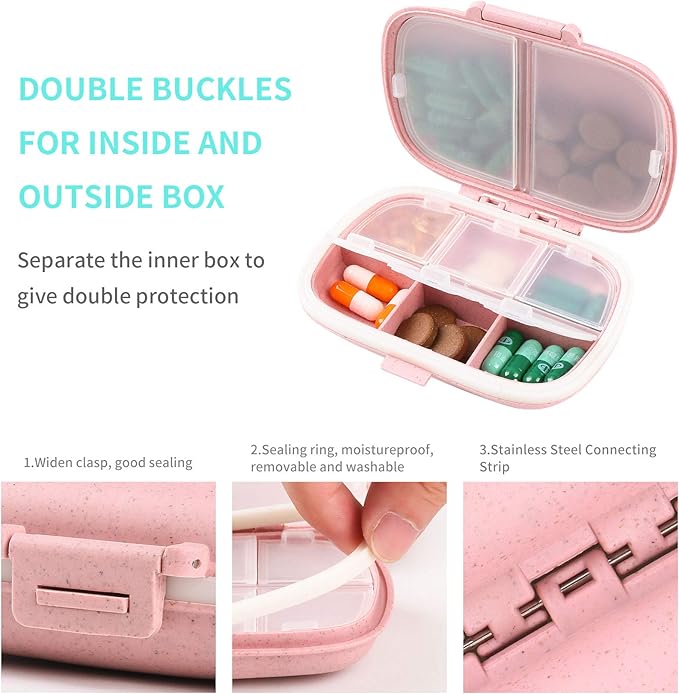 2 Pack Pill Case Organizer,Travel Pill Box with Label, Daily Medicine Organizer Case, Waterproof Pocket Container Case, Portable Pink Supplement Case Medicine Container Compact for for Vitamin