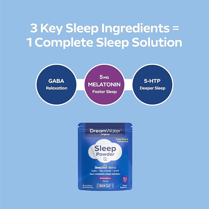 Dream Water Sleep Aid Powder; Melatonin 5mg, GABA, 5-HTP; Natural Flavors; Helps You to Fall Asleep, Fast, and Wake Refreshed; Snoozeberry, 30-Count.
