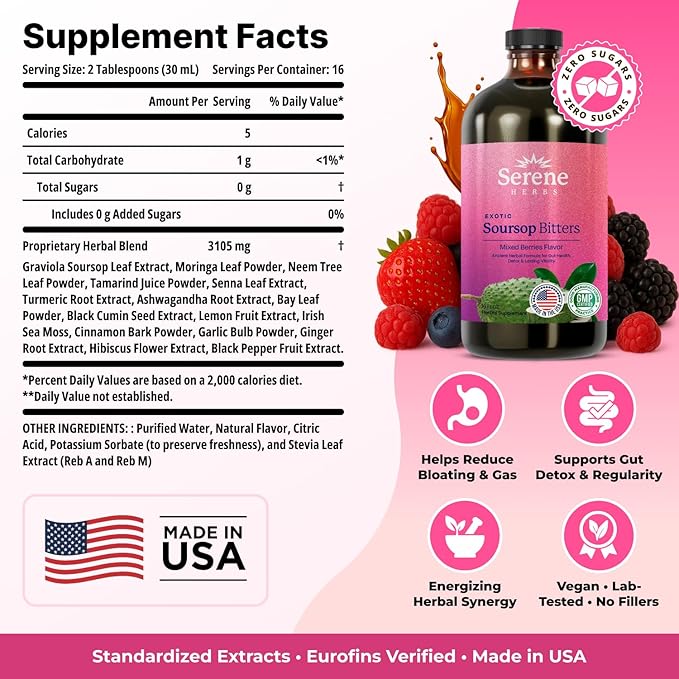 Serene Herbs Soursop Bitters Liquid - Organic Herbal Sour Sop Guanabana with Black Seed, Moringa, Irish Moss & Ginger – Gut Support, Energy & Immune Boost – Vegan, Non-GMO – Mixed Berry Flavor – 16 oz
