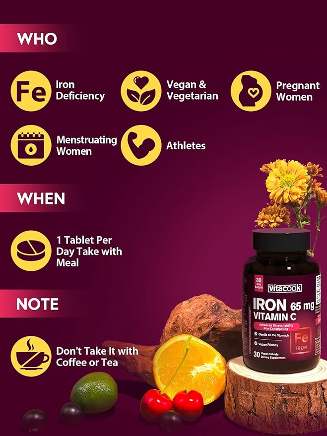 Iron Supplement for Women Men, High Potency Iron 65mg with Vitamin C 250mg, Stomach Friendly Iron Pills for Red Blood Cell & Immune Support, Vegan, Non-GMO & Gluten Free, 30 Tablets