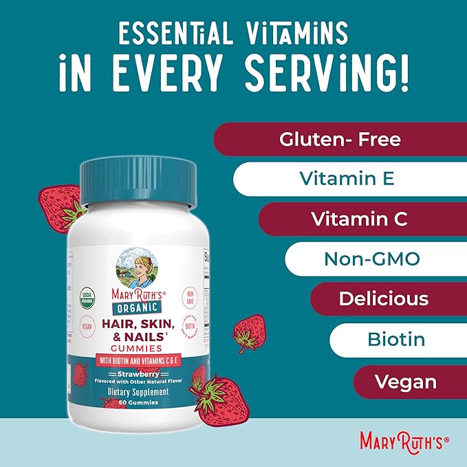 MaryRuth's Hair Skin and Nail Vitamins | USDA Organic | 2500 mcg Biotin Gummies with Vitamin C & Vitamin E | Hair Growth Vitamins | Skin Care | Nail Growth | Ages 14+ | 60 Count