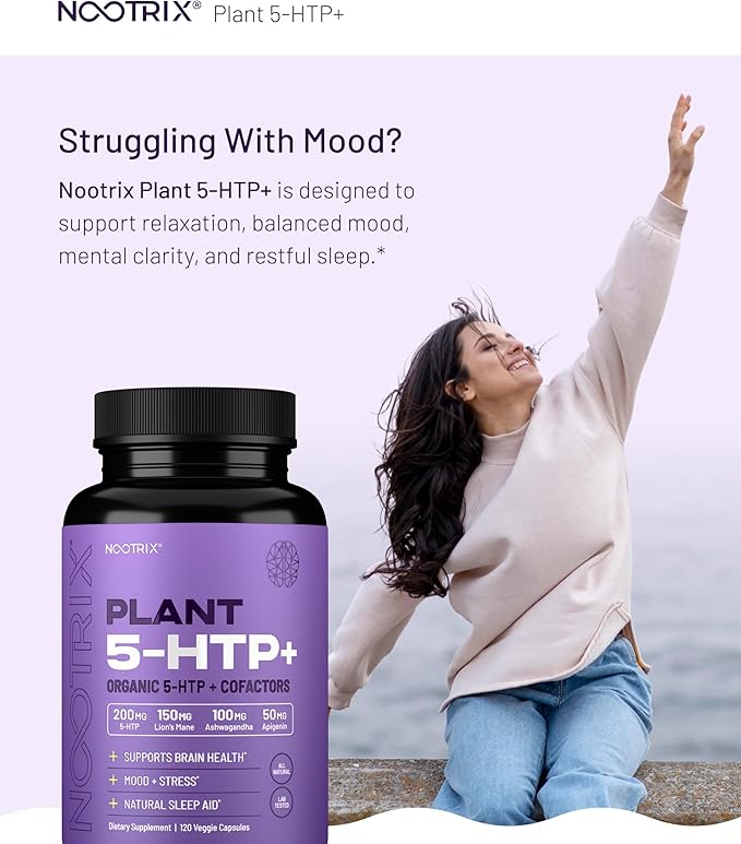 Nootrix Organic Plant 5 HTP+ Supplement | Supports Memory, Mental Focus, Cognitive Health & Energy | Promotes Healthy Mood & Brain Function | Vitamin B6 & L Theanine | 120 Capsules