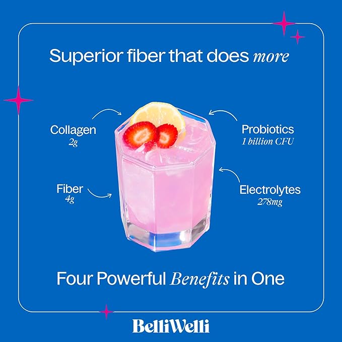 BelliWelli Fiber Supplement for Women & Men Premium Daily Fiber Powder from Organic Acacia with Added Collagen Electrolytes & Probiotics No Bloat Constipation & Gut Health Support(Strawberry Lemonade)