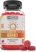 Zhou D3+K2 - Vitamin D3 K2 Supplement for Women & Men, Immune Support Vit D3 and K2 Gummy, Gelatin Free Formula with 5000 IU of D3 and MK-7 - 60 Veggie Gummies (Pack of 1)
