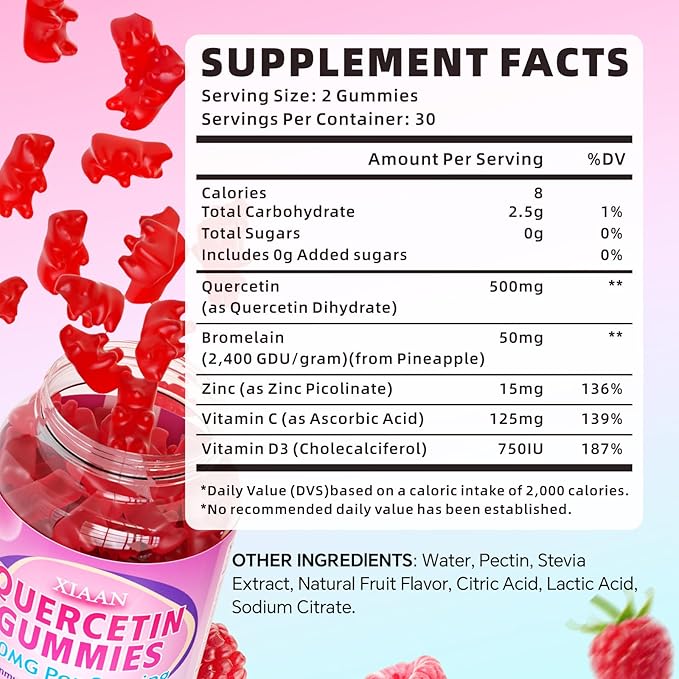 Quercetin Gummies 500mg for Kids & Adults, Organic Quercetin Supplements with Bromelain Zinc Vitamin C and D3 Support Antioxidant & Immune System Health, Raspberry Flavor 60 Count