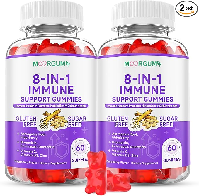 Immune Support Gummies – 8-in-1 Formula Herbal Supplements with Astragalus, Elderberry, Quercetin, Bromelain, Echinacea, Vitamin C, D3 and Zinc for Everyday Balance, Raspberry Flavor, 120 Count