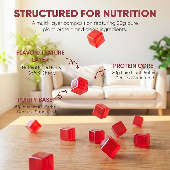 Protein Gummies,20g Protein Per Bottle, Sugar-Free, Mixed Berry Flavor, Low Calorie Vegan Protein Snack, Gluten & Soy Free, On-The-Go Nutrition,60 Gummies (red)