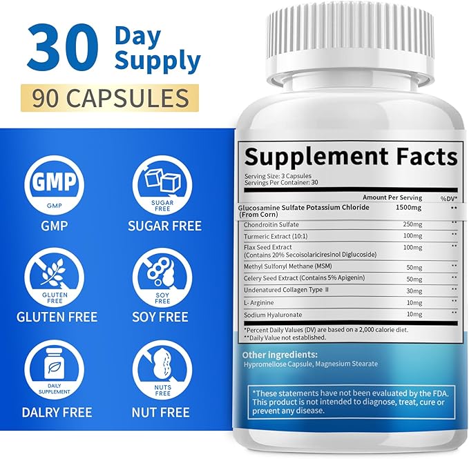 MABEFY Glucosamine Chondroitin Capsules 1500mg with MSM, Collagen, Turmeric - Joint Support Supplement for Men & Women, Joint Health Antioxidant Support, 90 Capsules
