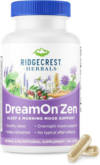 Ridgecrest Herbals DreamOn Zen, Sleep Support Supplement, Melatonin Free, Magnesium, 5-HTP, Lavender, Chamomile, Valerian, Lemon Balm for Adults and Children 12+ (60 Caps, 30 Serv)