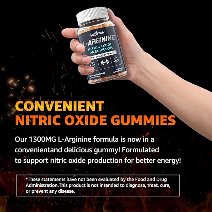 Nextdia Sugar Free L Arginine Nitric Oxide Gummies 1300mg for Men & Women with L Citrulline, Beet Root, B3 | L Arginine L Citrulline Supplements | Vegan, 120 Counts