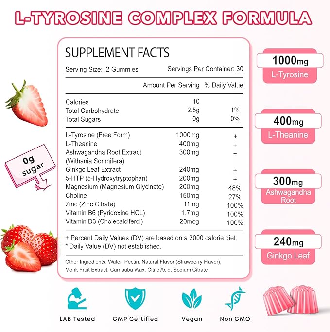 L Tyrosine Gummies, L-Tyrosine Supplement, 10-in-1 Tyrosine Gummies with Vitamin B6 D3, Tyrosine Supplement Support Cognitive, Memory, Energy, Mood for Adult & Kids, Strawberry Flavor, 60 Ct