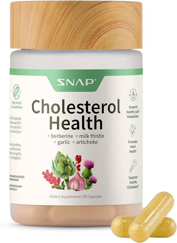 Snap Supplements Cholesterol Health - Artichoke, Milk Thistle, Garlic, and Berberine Supplement with Beta Sitosterol (95% Plant Sterols) for Digestive and Metabolic Support, 60 Capsules (30 Servings)