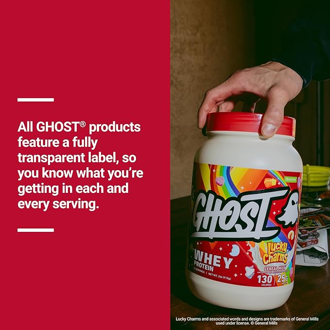 GHOST Whey Protein Powder, Lucky Charms Cereal Milk - 2LB, 25G of Protein - Whey Protein Isolate & Concentrate Blend - Post Workout Fitness & Nutrition Shakes, Smoothies & Baking - Soy & Gluten-Free