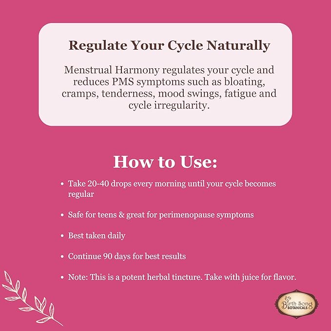 Birth Song Botanicals Menstrual Harmony Tincture, Liquid Herbal Supplement to Support The Menstrual Cycle, Naturally Supports Hormone Balance and Menstruation 2oz Bottle