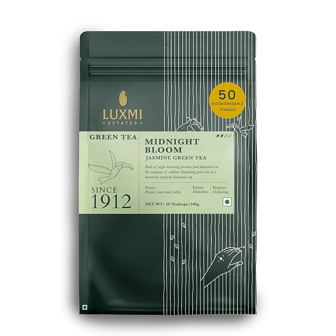 Luxmi Estates Midnight Bloom Jasmine Darjeeling Green Tea | 50 Biodegradable Teabags (50 cups)