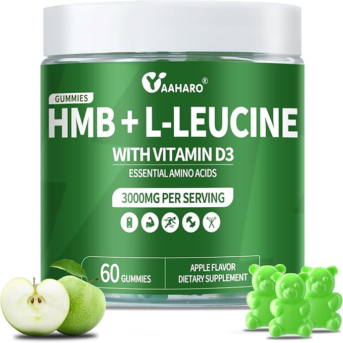 HMB & L-Leucine Gummies 3000mg - with Vitamin D3 for Muscle Recovery, Energy, Endurance & Muscle Mass Increase - for Men & Women - Non-GMO, Vegan, Gluten-Free, Apple Flavor - 60 Gummies