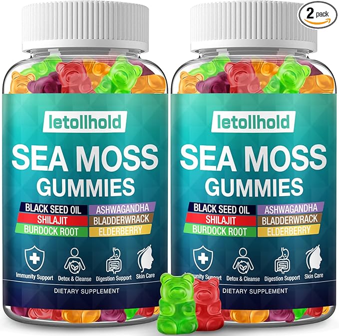 Sea Moss Gummies - Irish Sea Moss Gummies Advanced for Adults with Ashwagandha Bladderwrack & Burdock Root for Supports Immune，Energy - 60 Vegan Gummy,2PCS